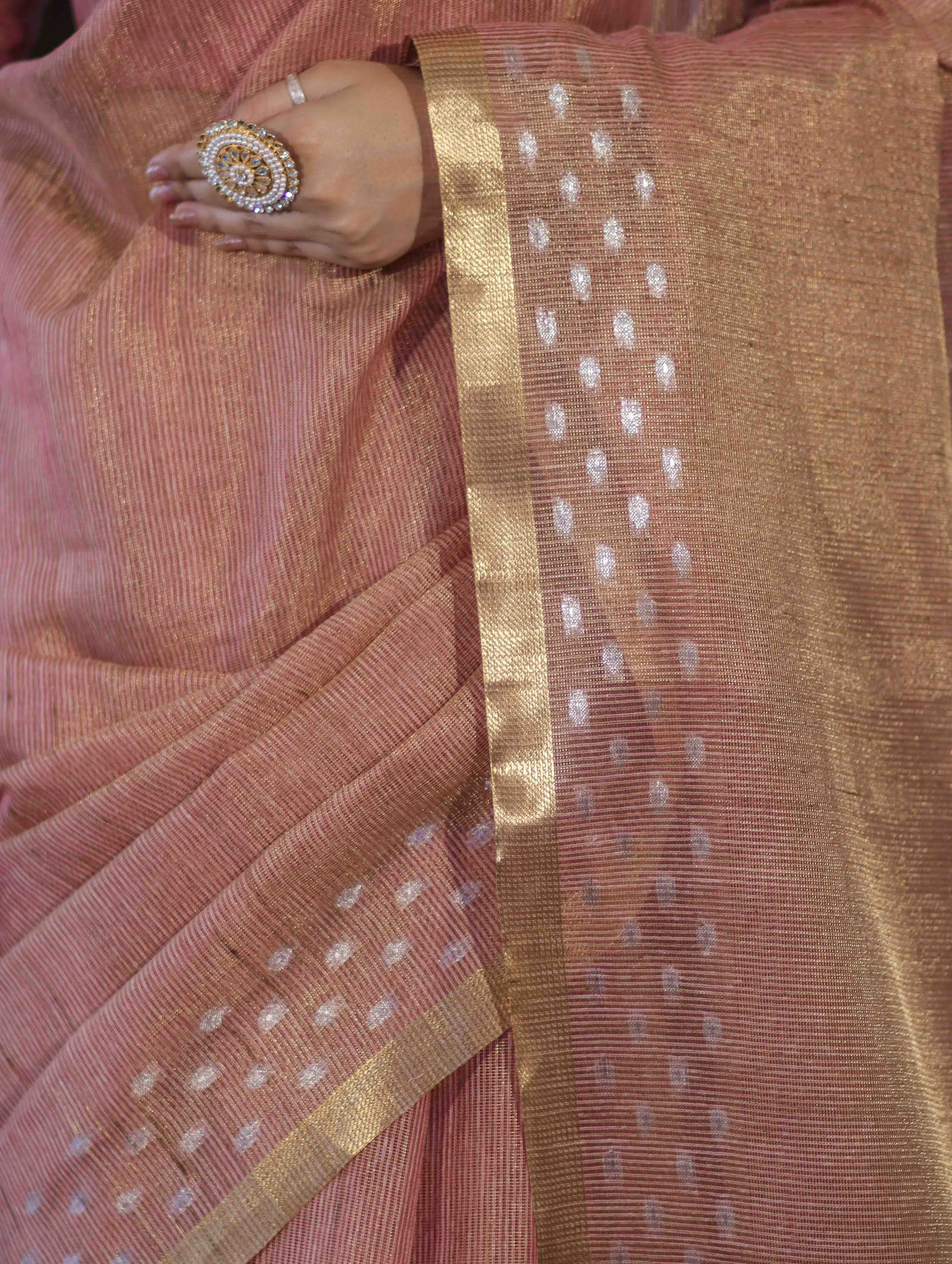 Banarasee Handwoven Tissue Saree With Zari Checks & Border-Peachy Pink