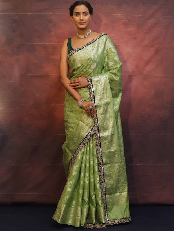 Banarasee Handwoven Georgette Saree Zari Jaal Design With Contrast Lace-Light Green