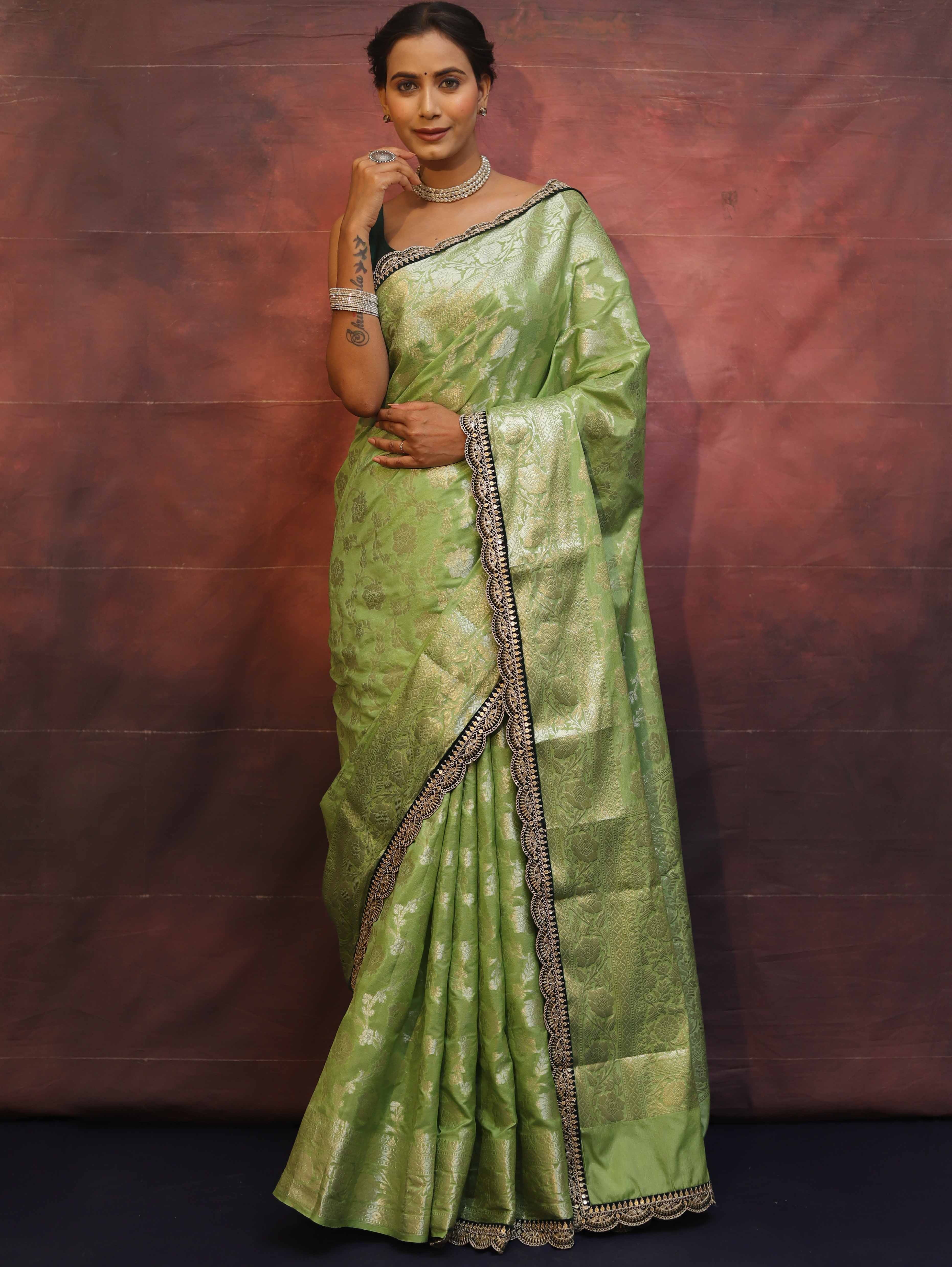 Banarasee Handwoven Georgette Saree Zari Jaal Design With Contrast Lace-Light Green