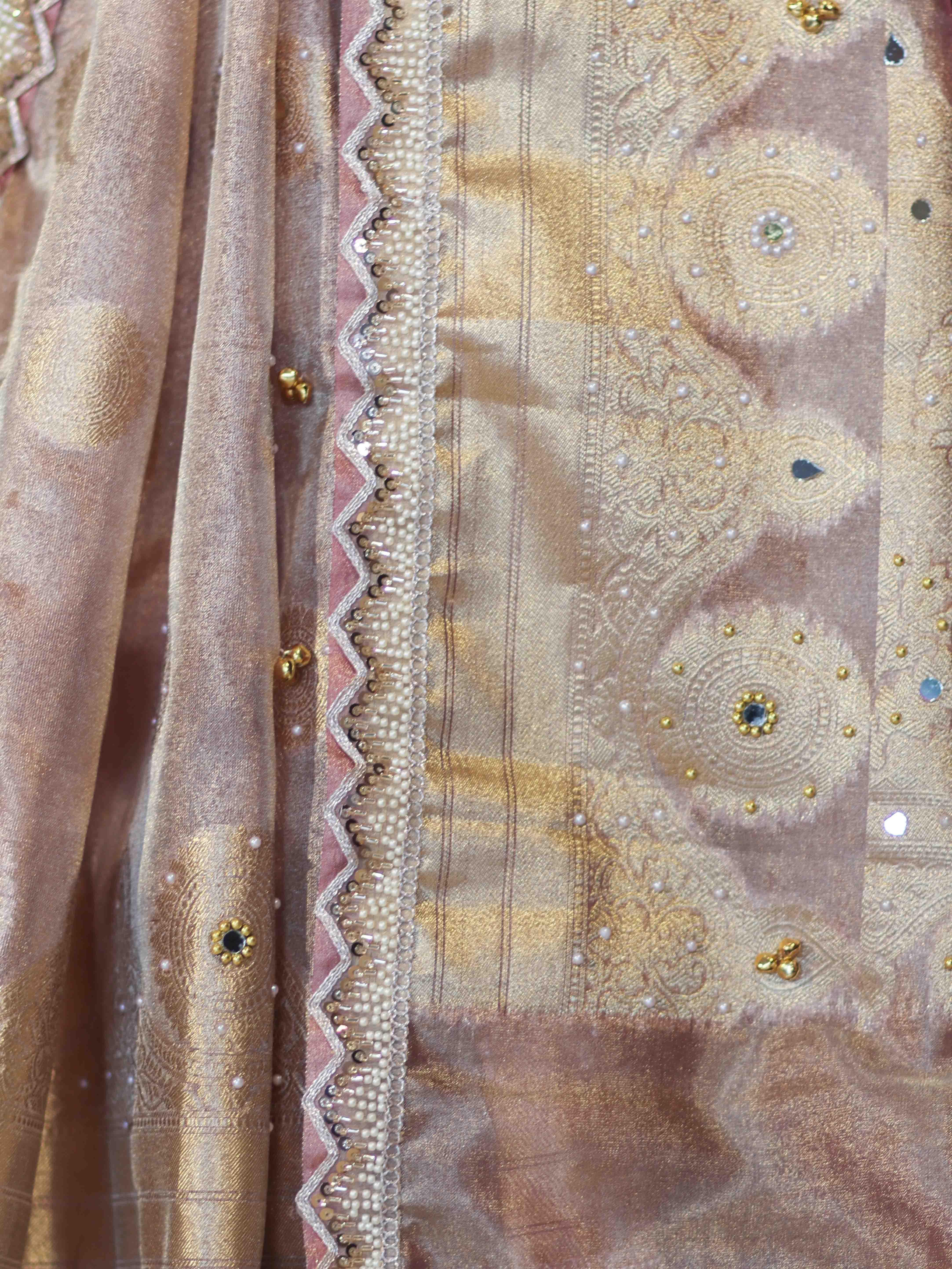 Banarasee Tissue Hand Embroidered Mirror Work Saree With Ghungroo Work & Lace Border-Violet & Pink
