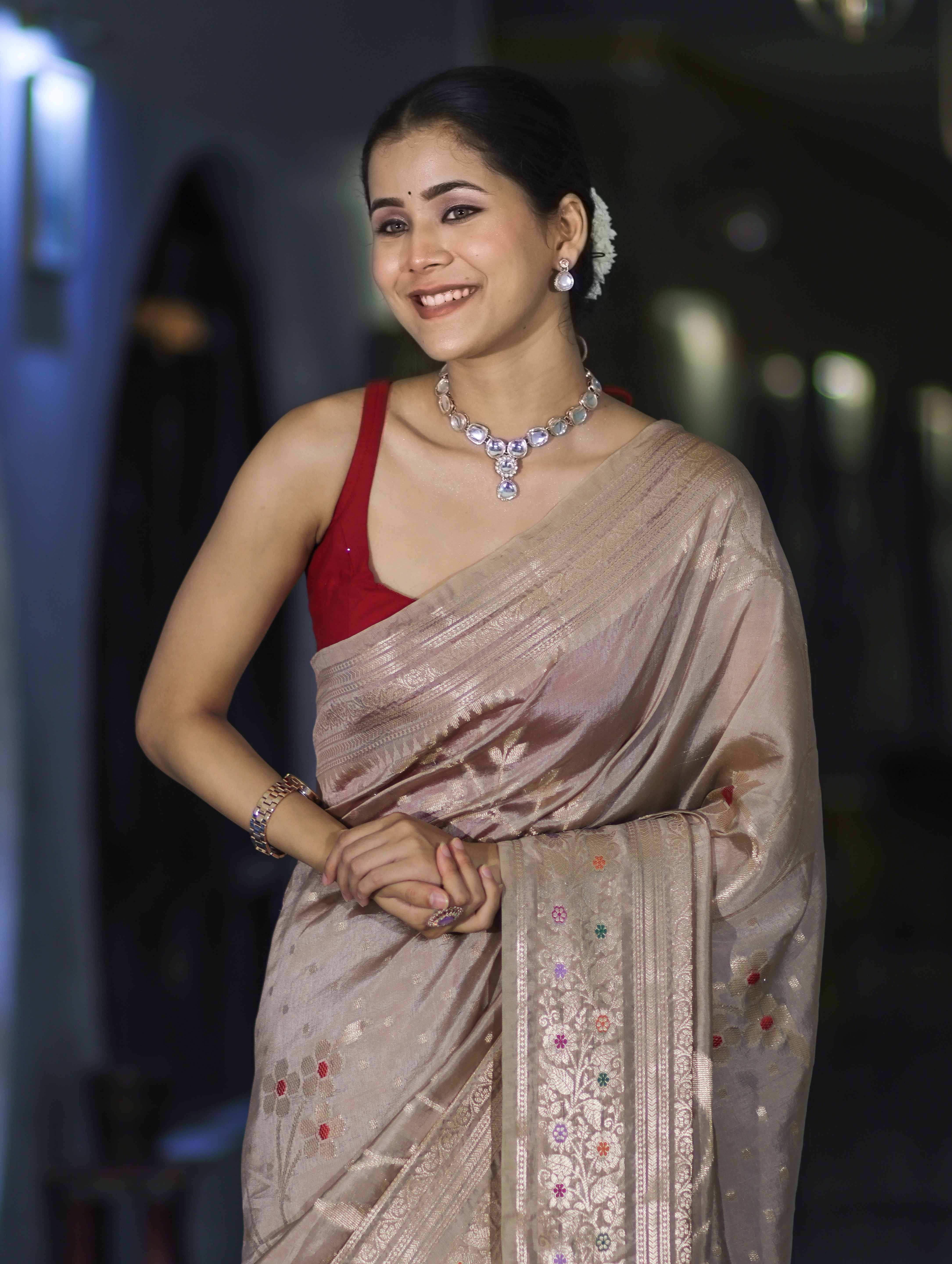 Banarasee Handloom Semi Silk Saree With Meena Design & Contrast Blouse-Beige