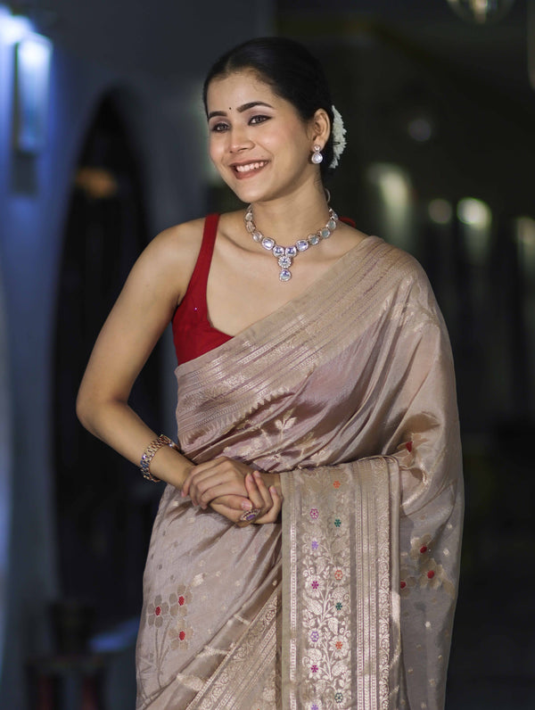 Banarasee Handloom Semi Silk Saree With Meena Design & Contrast Blouse-Beige