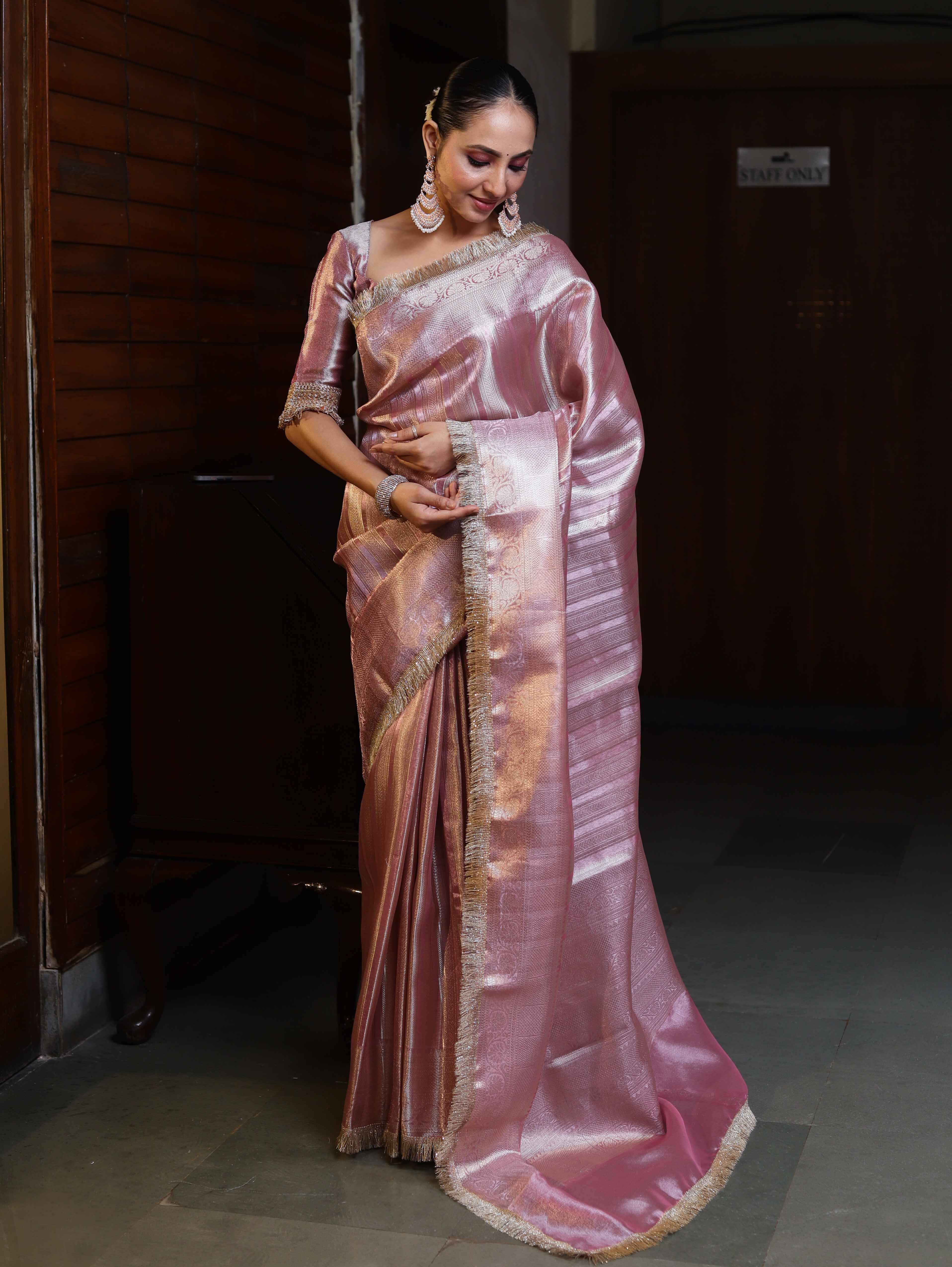 Banarasee Handwoven Tissue Saree With Zari Stripe Design & Lace-Light Pink