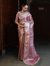 Banarasee Handwoven Tissue Saree With Zari Stripe Design & Lace-Light Pink
