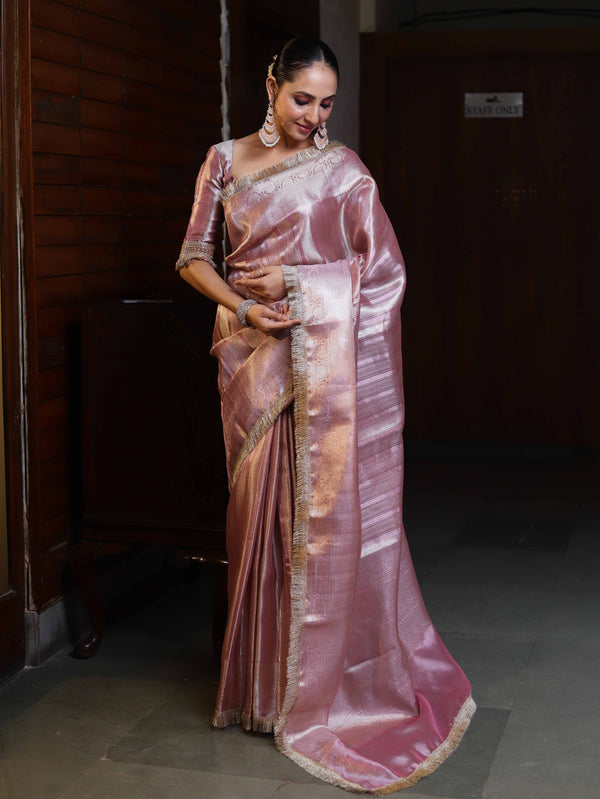 Banarasee Handwoven Tissue Saree With Zari Stripe Design & Lace-Light Pink