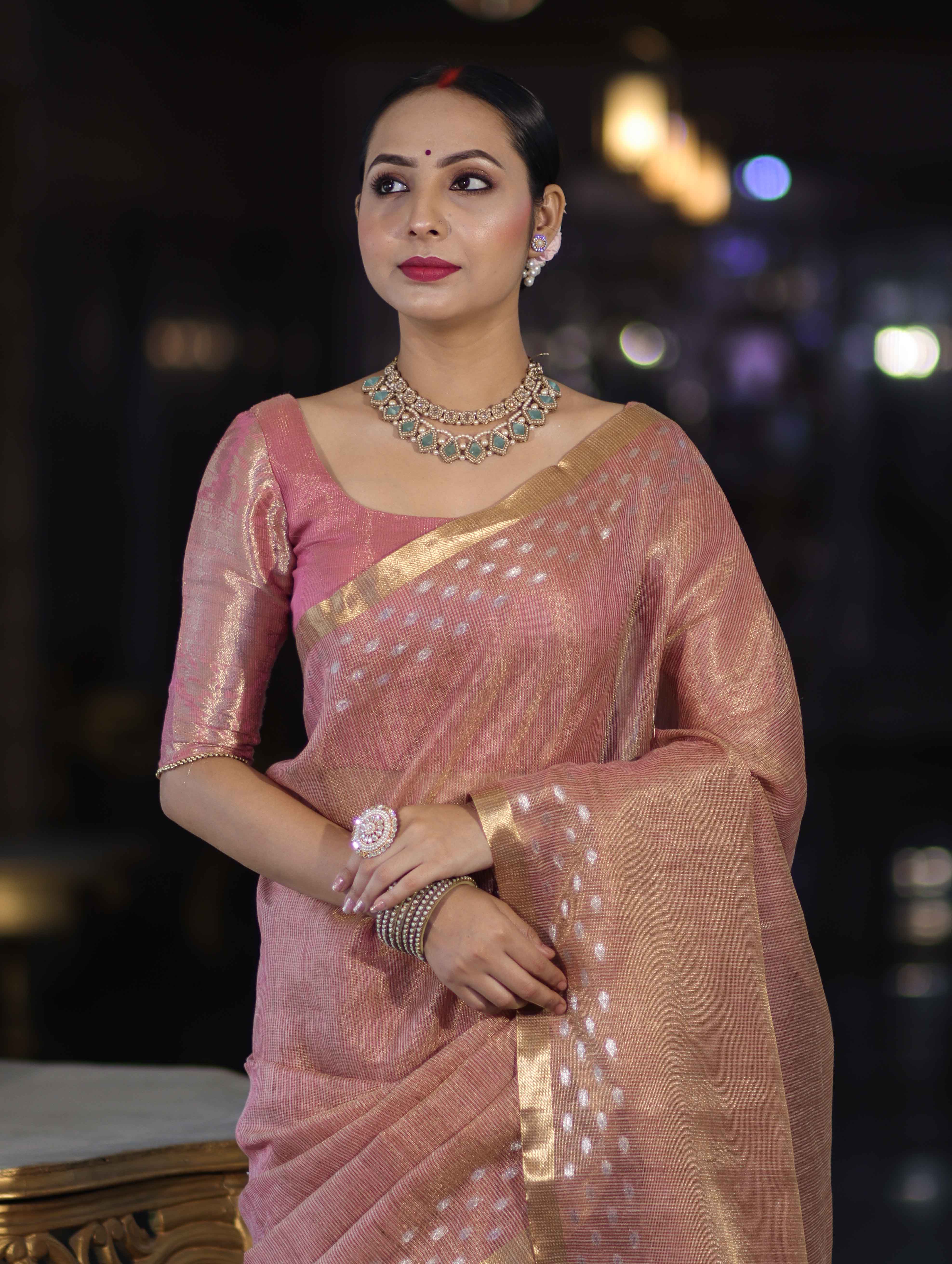 Banarasee Handwoven Tissue Saree With Zari Checks & Border-Peachy Pink