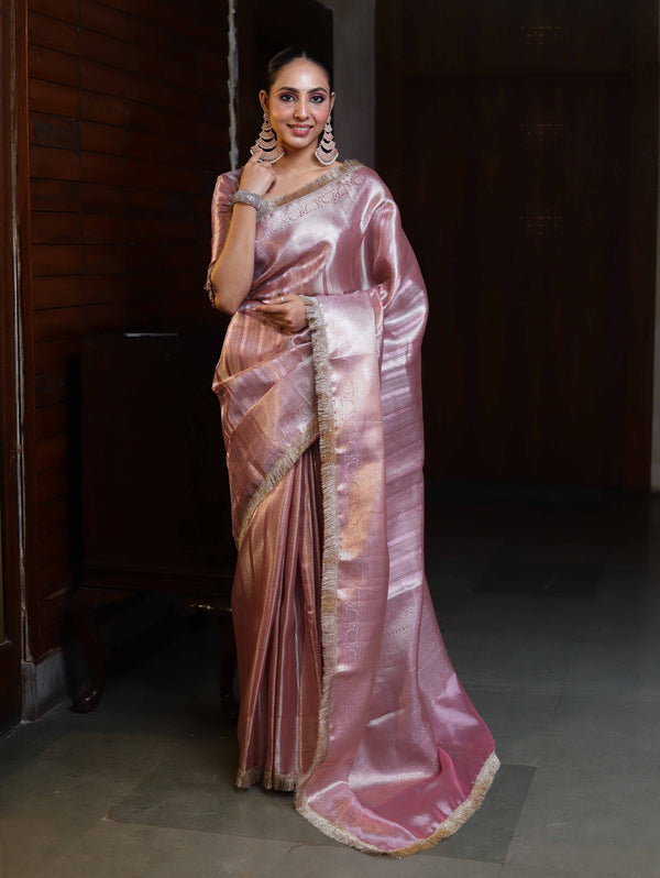 Banarasee Handwoven Tissue Saree With Zari Stripe Design & Lace-Light Pink