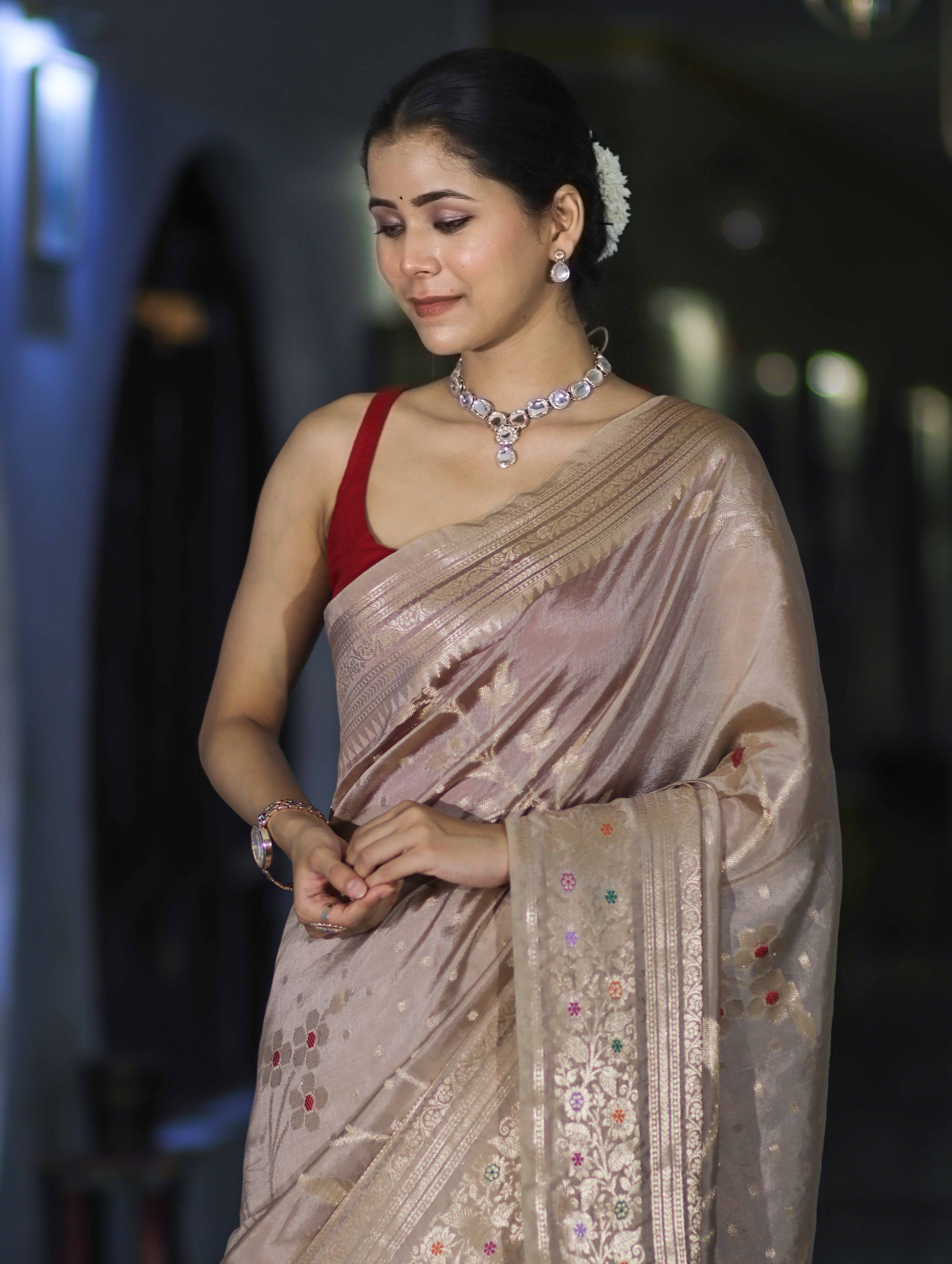 Banarasee Handloom Semi Silk Saree With Meena Design & Contrast Blouse-Beige