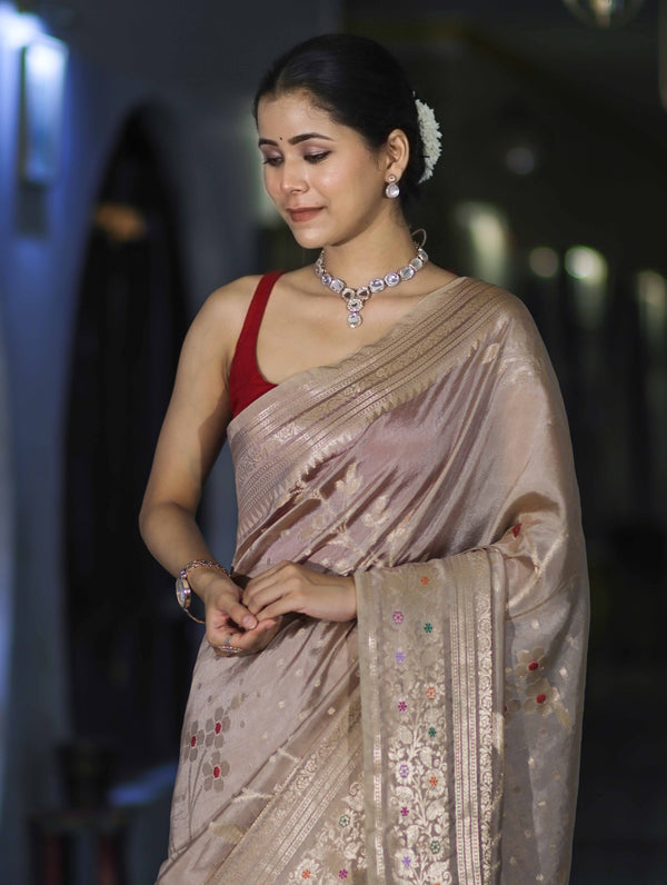 Banarasee Handloom Semi Silk Saree With Meena Design & Contrast Blouse-Beige