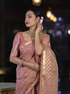 Banarasee Handwoven Tissue Saree With Zari Checks & Border-Peachy Pink