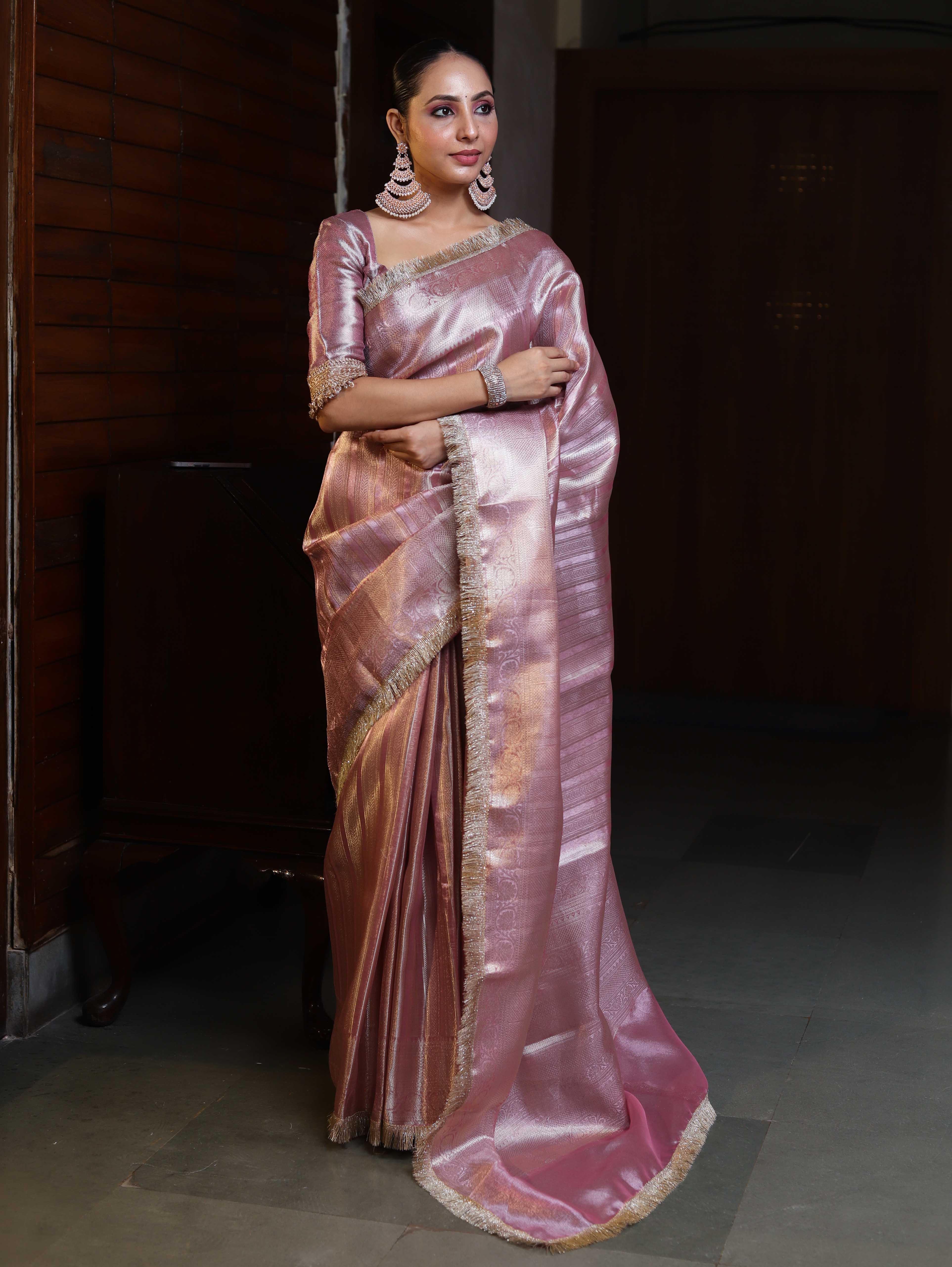 Banarasee Handwoven Tissue Saree With Zari Stripe Design & Lace-Light Pink