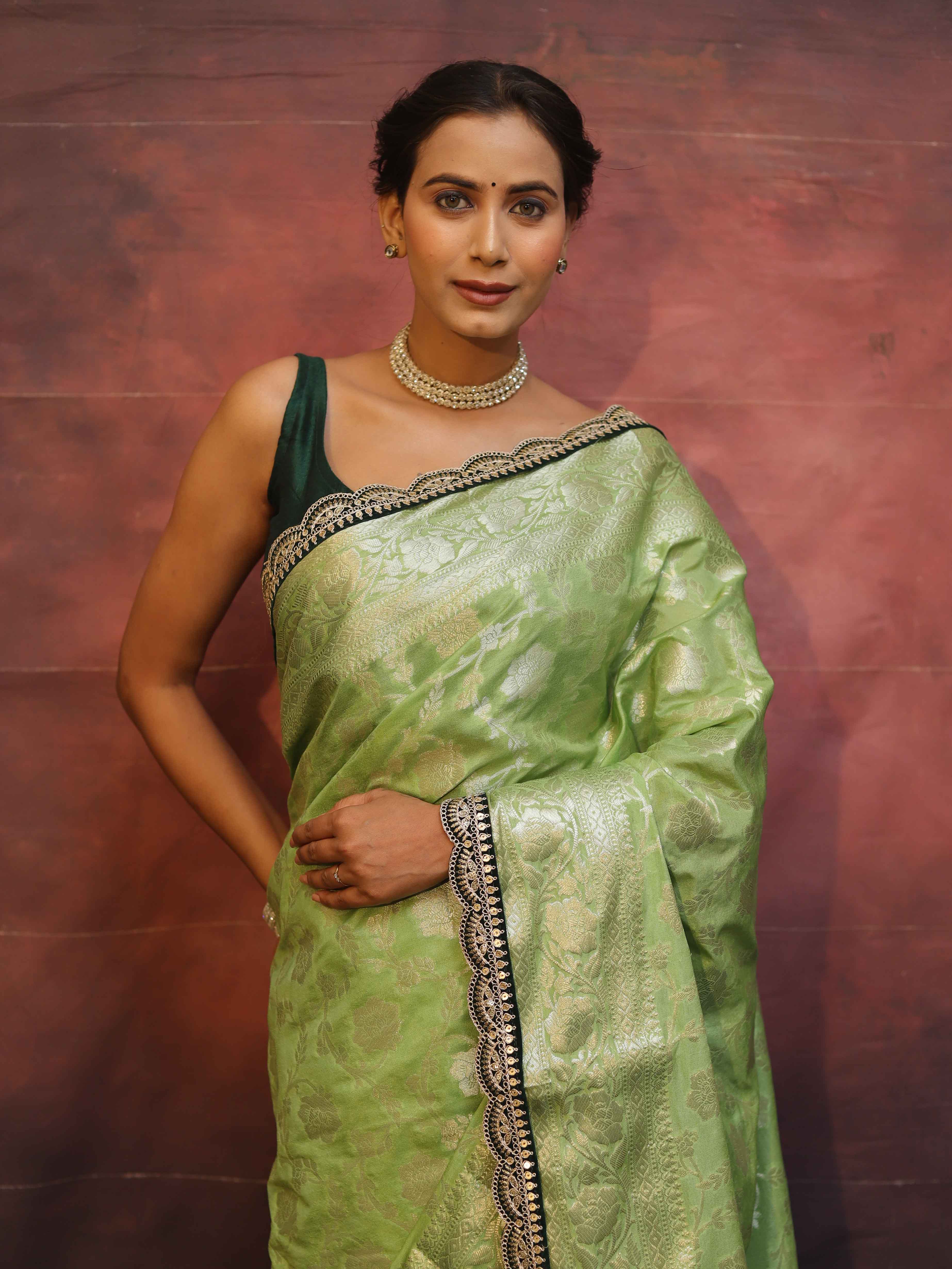 Banarasee Handwoven Georgette Saree Zari Jaal Design With Contrast Lace-Light Green