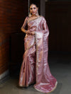 Banarasee Handwoven Tissue Saree With Zari Stripe Design & Lace-Light Pink