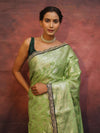 Banarasee Handwoven Georgette Saree Zari Jaal Design With Contrast Lace-Light Green