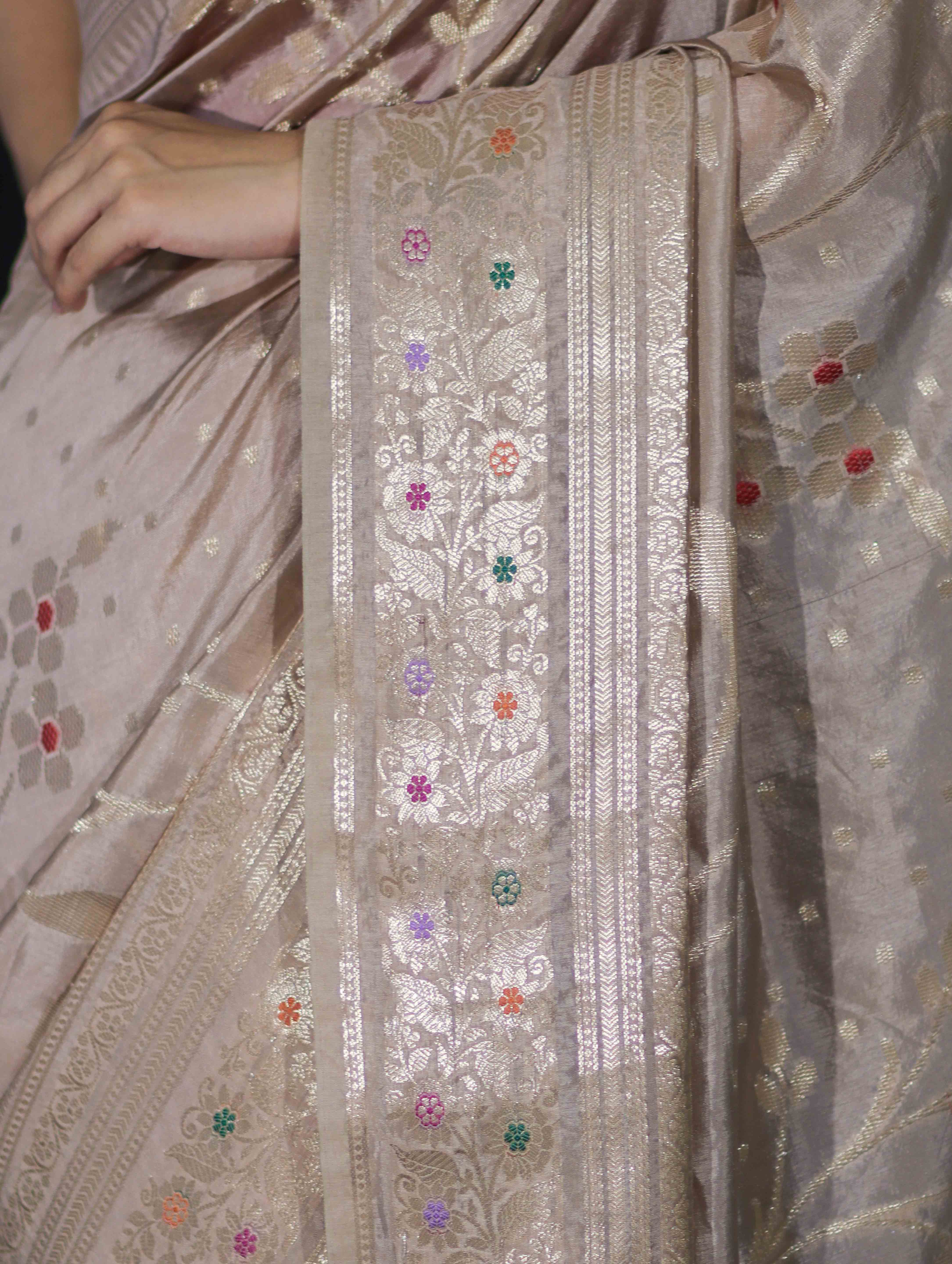Banarasee Handloom Semi Silk Saree With Meena Design & Contrast Blouse-Beige