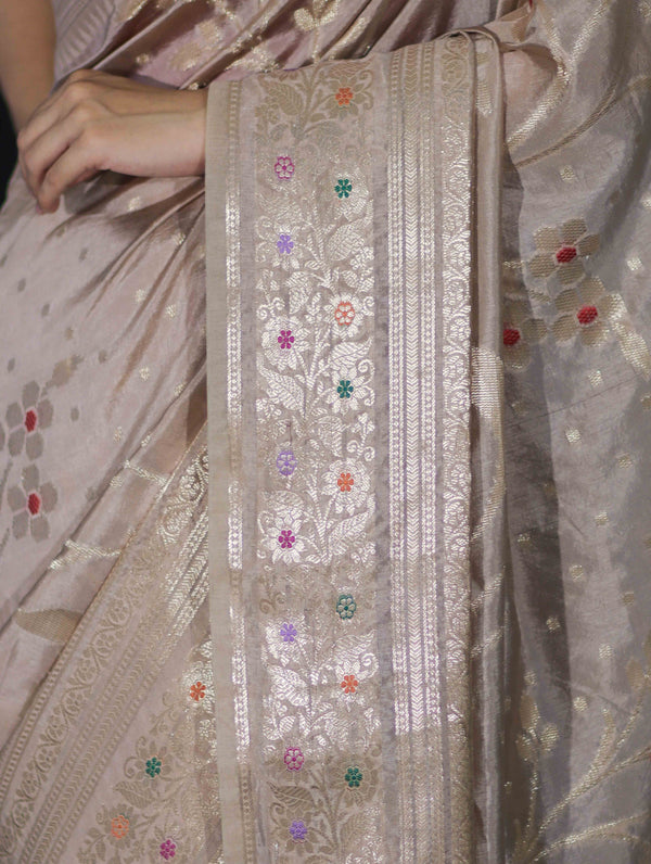 Banarasee Handloom Semi Silk Saree With Meena Design & Contrast Blouse-Beige