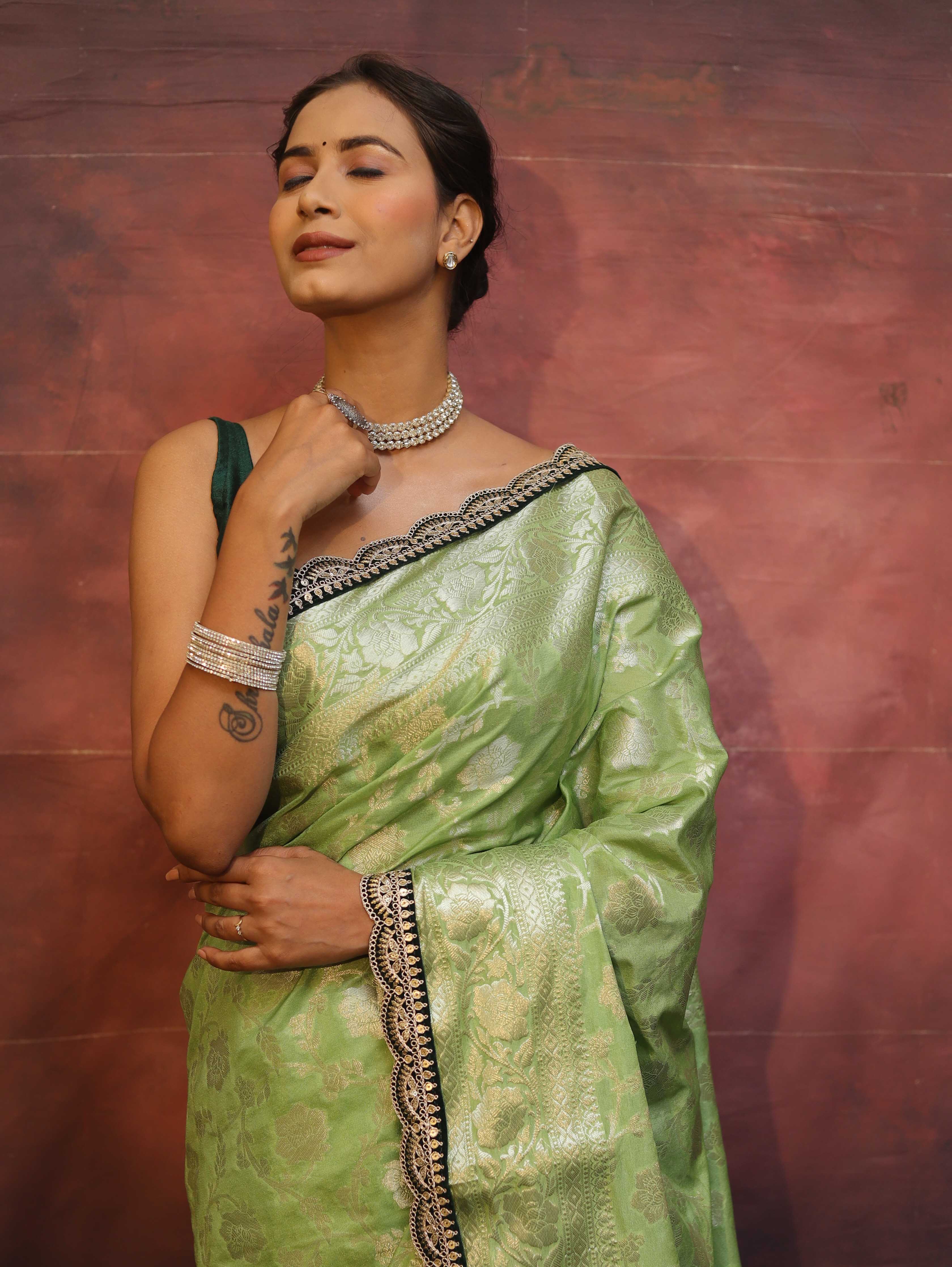 Banarasee Handwoven Georgette Saree Zari Jaal Design With Contrast Lace-Light Green