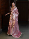 Banarasee Handwoven Tissue Saree With Zari Stripe Design & Lace-Light Pink