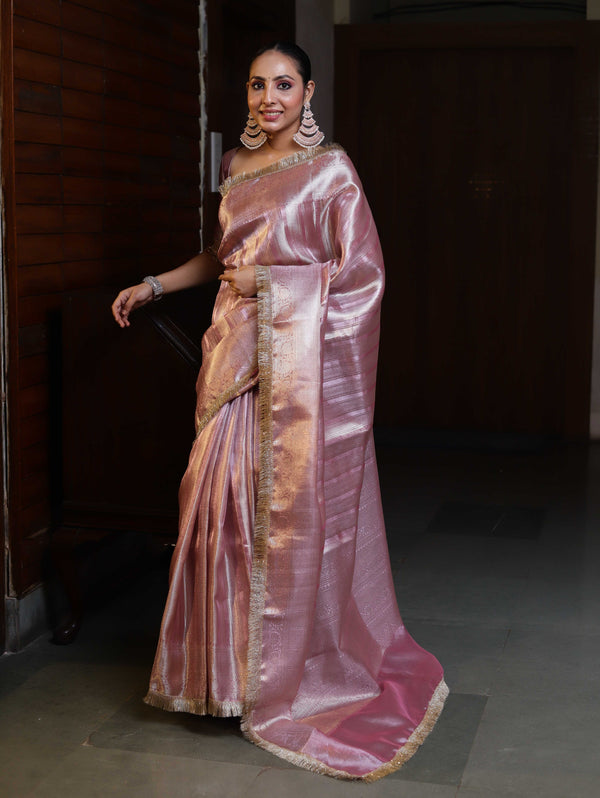 Banarasee Handwoven Tissue Saree With Zari Stripe Design & Lace-Light Pink
