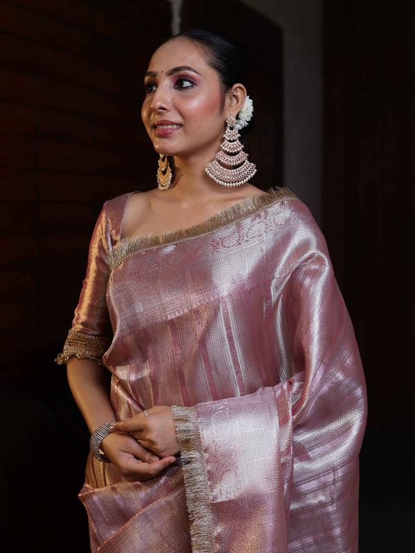 Banarasee Handwoven Tissue Saree With Zari Stripe Design & Lace-Light Pink