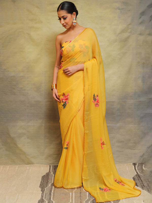 Banarasee Pure Chiffon Saree With Embroidery Work & Banarasee Border-Yellow