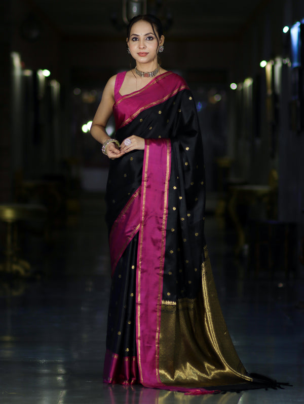 Banarasee Handloom Semi Silk Saree With Buti Design & Contrast Border-Black & Magenta