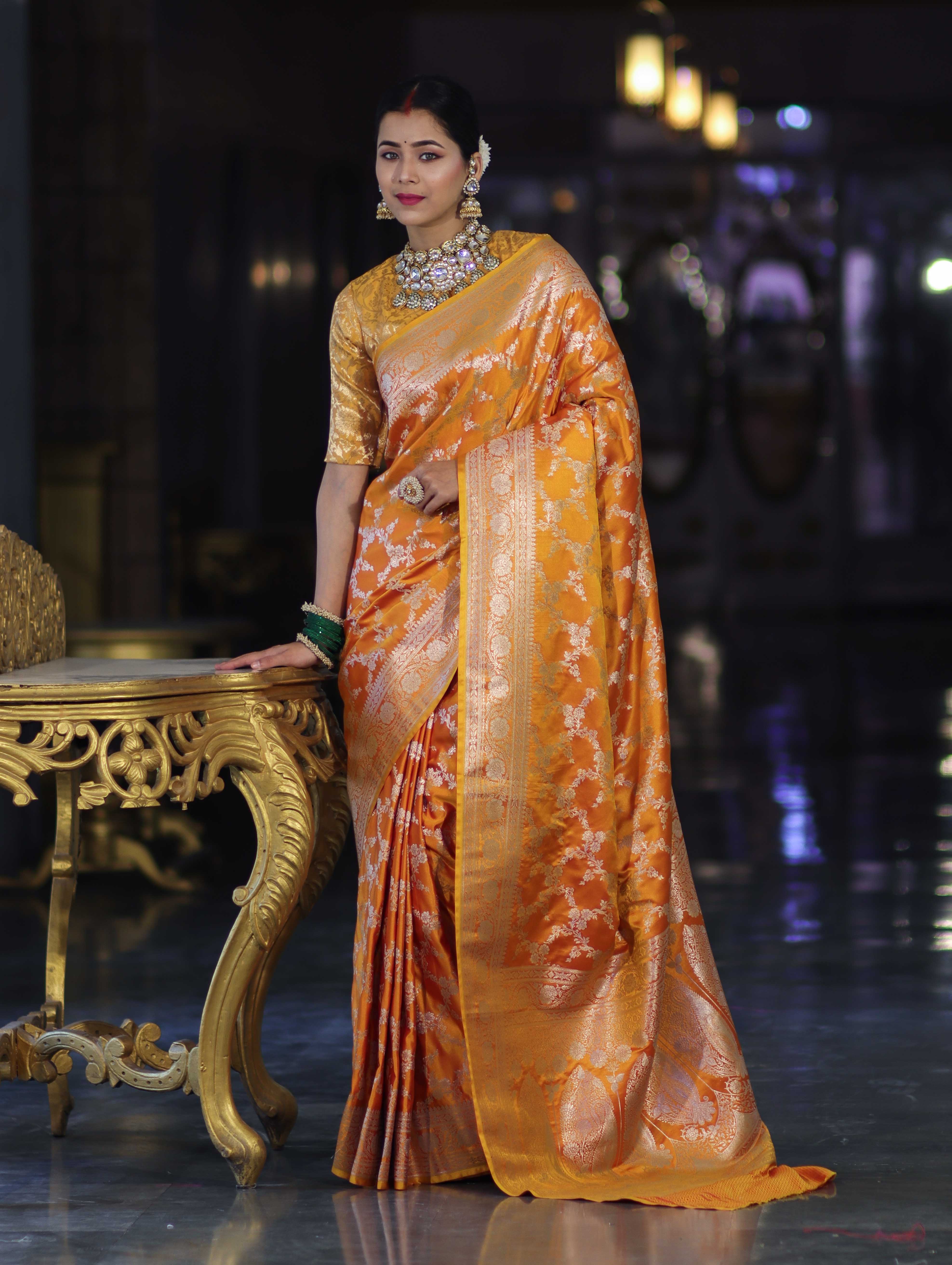 Banarasee Handloom Mashru Silk Saree With Zari Jaal Work & Floral Border-Yellow