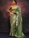 Banarasee Handwoven Silver Buta Crushed Tissue Zari Border Saree-Green