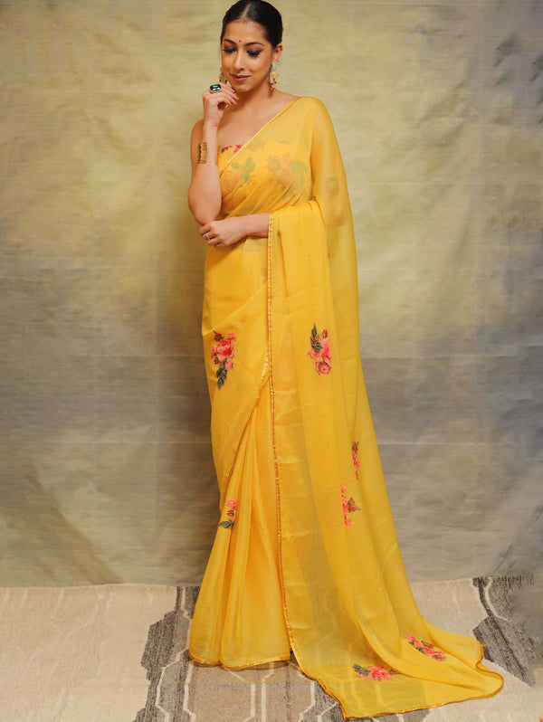 Banarasee Pure Chiffon Saree With Embroidery Work & Banarasee Border-Yellow