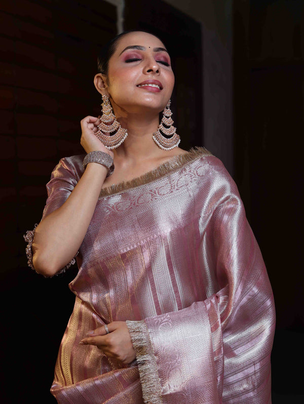 Banarasee Handwoven Tissue Saree With Zari Stripe Design & Lace-Light Pink