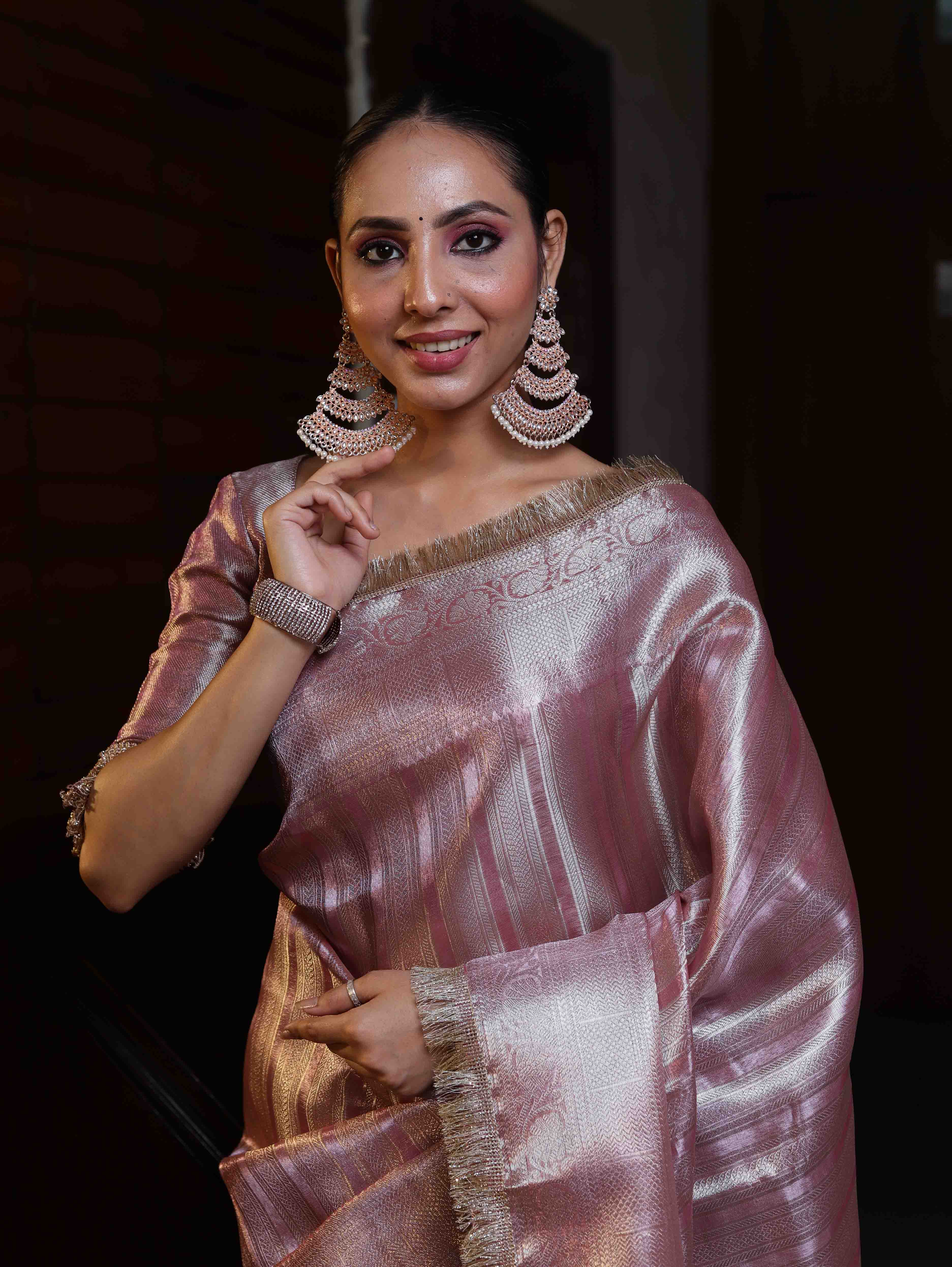 Banarasee Handwoven Tissue Saree With Zari Stripe Design & Lace-Light Pink