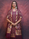 Banarasee Zari Work Semi Katan Salwar Kameez Fabric With Dupatta-Wine