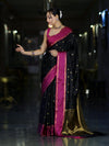 Banarasee Handloom Semi Silk Saree With Buti Design & Contrast Border-Black & Magenta