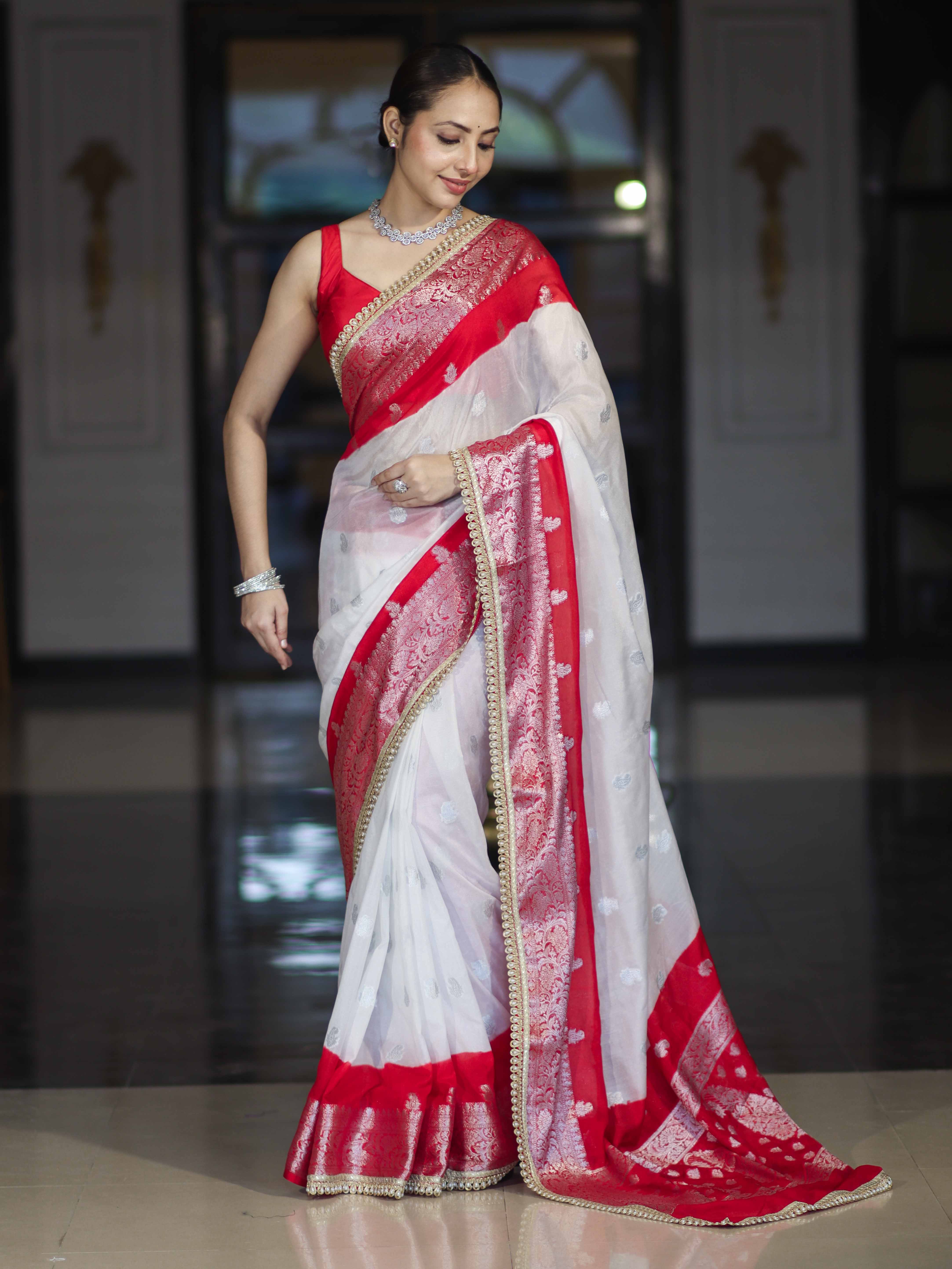 Banarasee Handwoven Chiffon Saree With Zari Buta Work & Contrast Border-White & Red