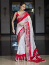 Banarasee Handwoven Chiffon Saree With Zari Buta Work & Contrast Border-White & Red