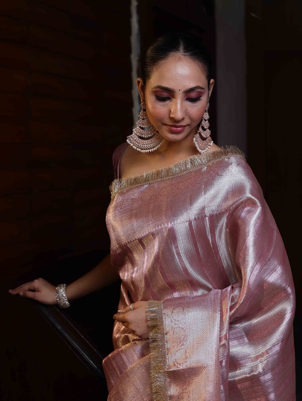 Banarasee Handwoven Tissue Saree With Zari Stripe Design & Lace-Light Pink