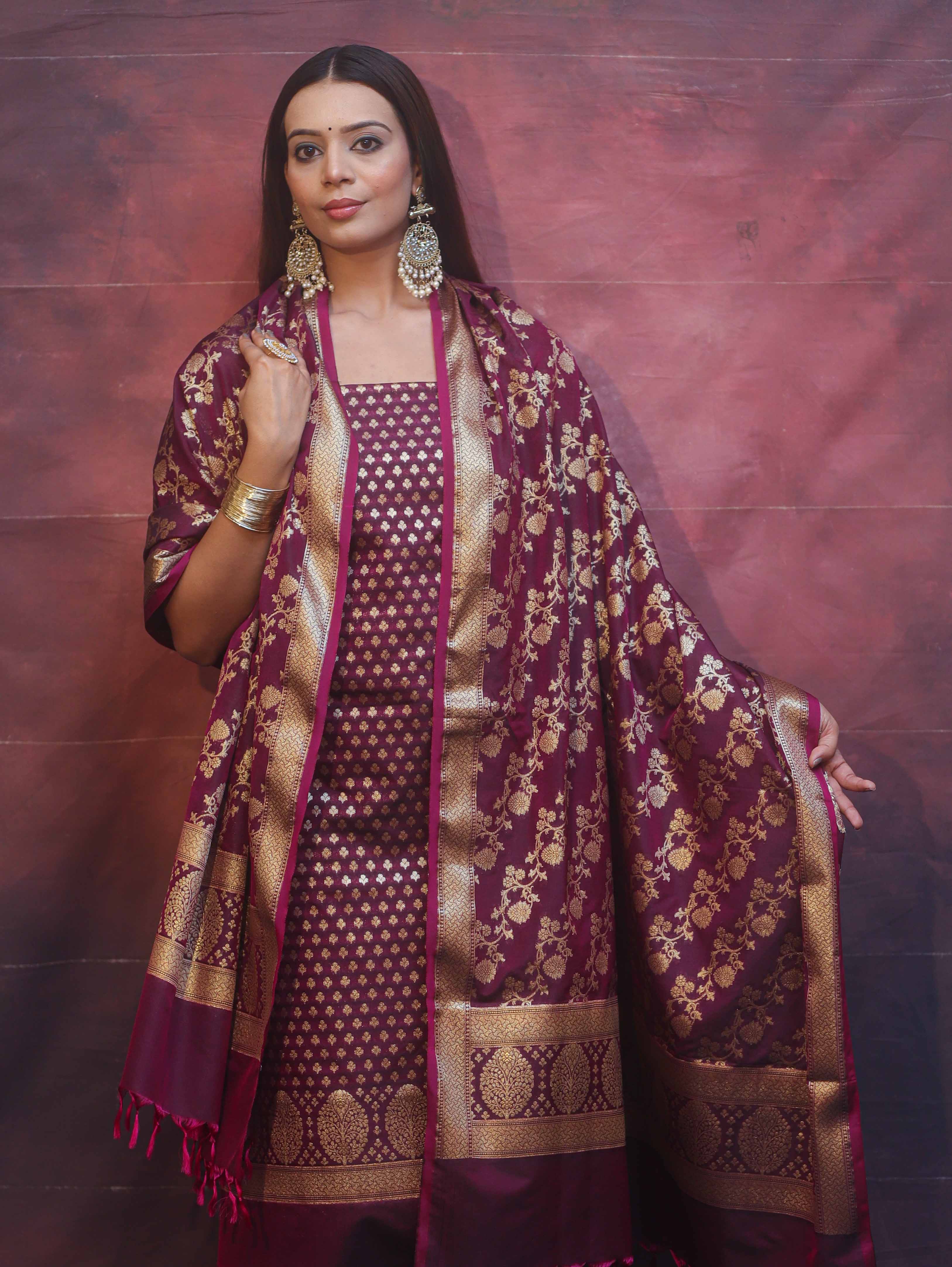 Banarasee Zari Work Semi Katan Salwar Kameez Fabric With Dupatta-Wine