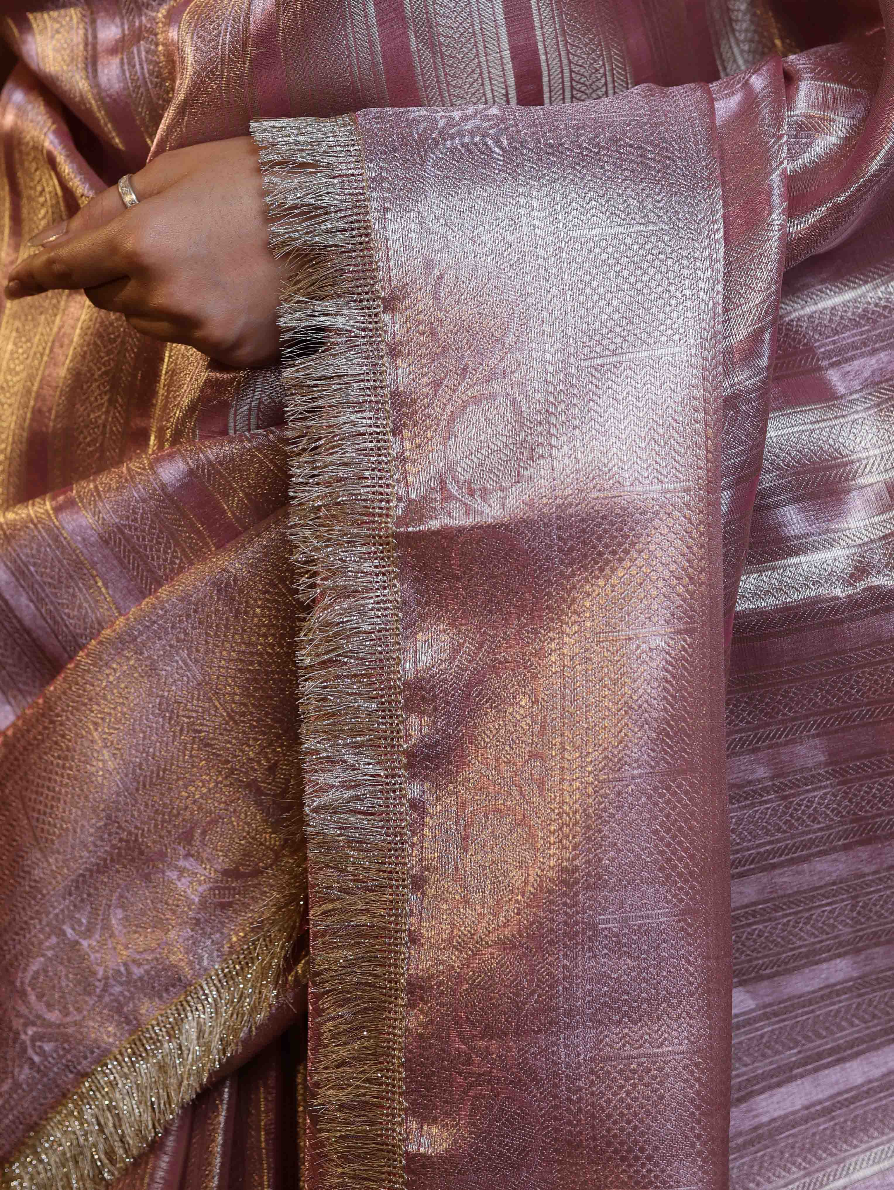 Banarasee Handwoven Tissue Saree With Zari Stripe Design & Lace-Light Pink