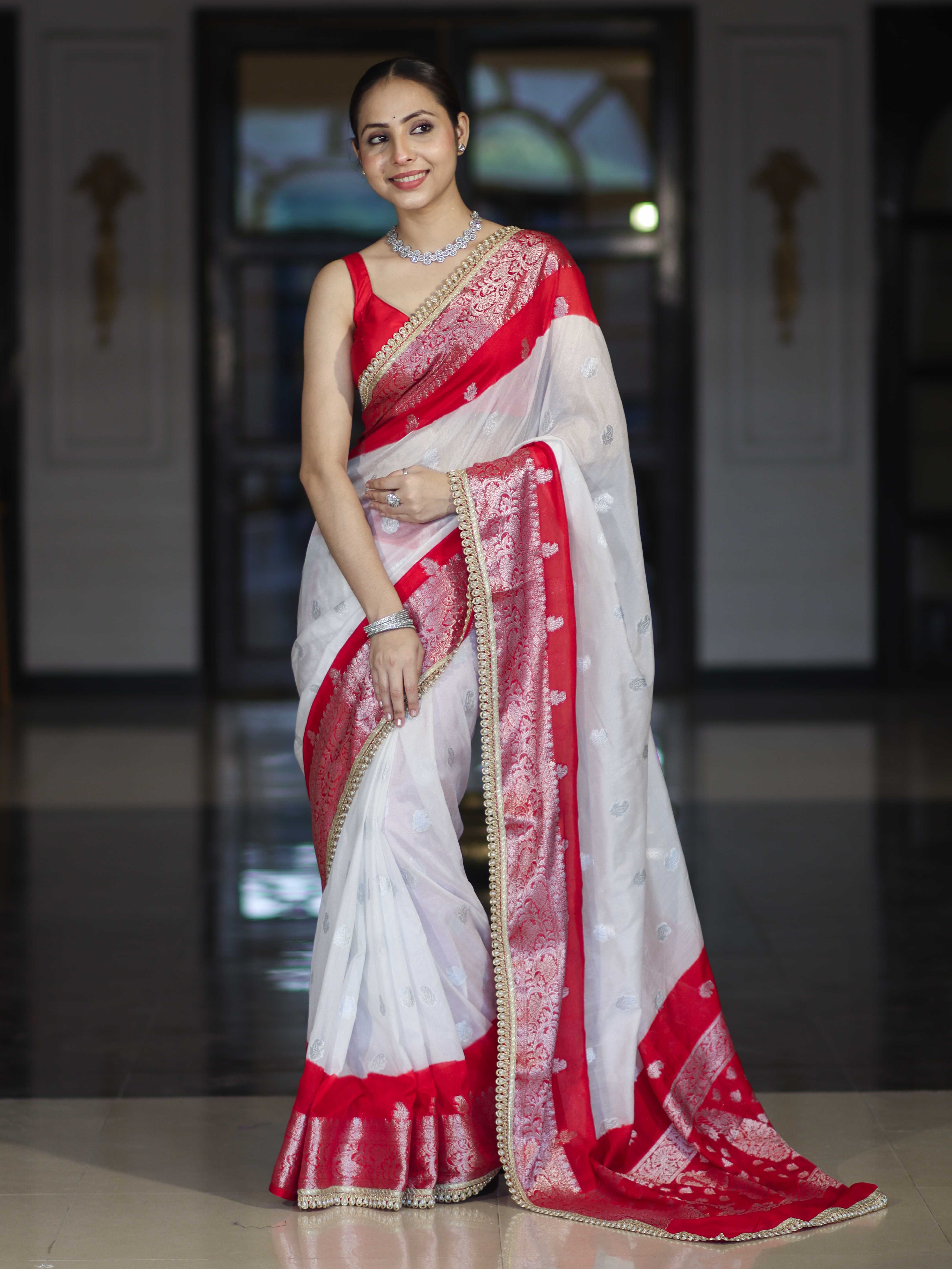 Banarasee Handwoven Chiffon Saree With Zari Buta Work & Contrast Border-White & Red