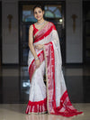 Banarasee Handwoven Chiffon Saree With Zari Buta Work & Contrast Border-White & Red
