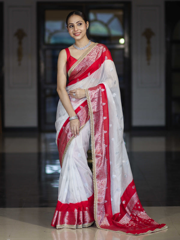Banarasee Handwoven Chiffon Saree With Zari Buta Work & Contrast Border-White & Red