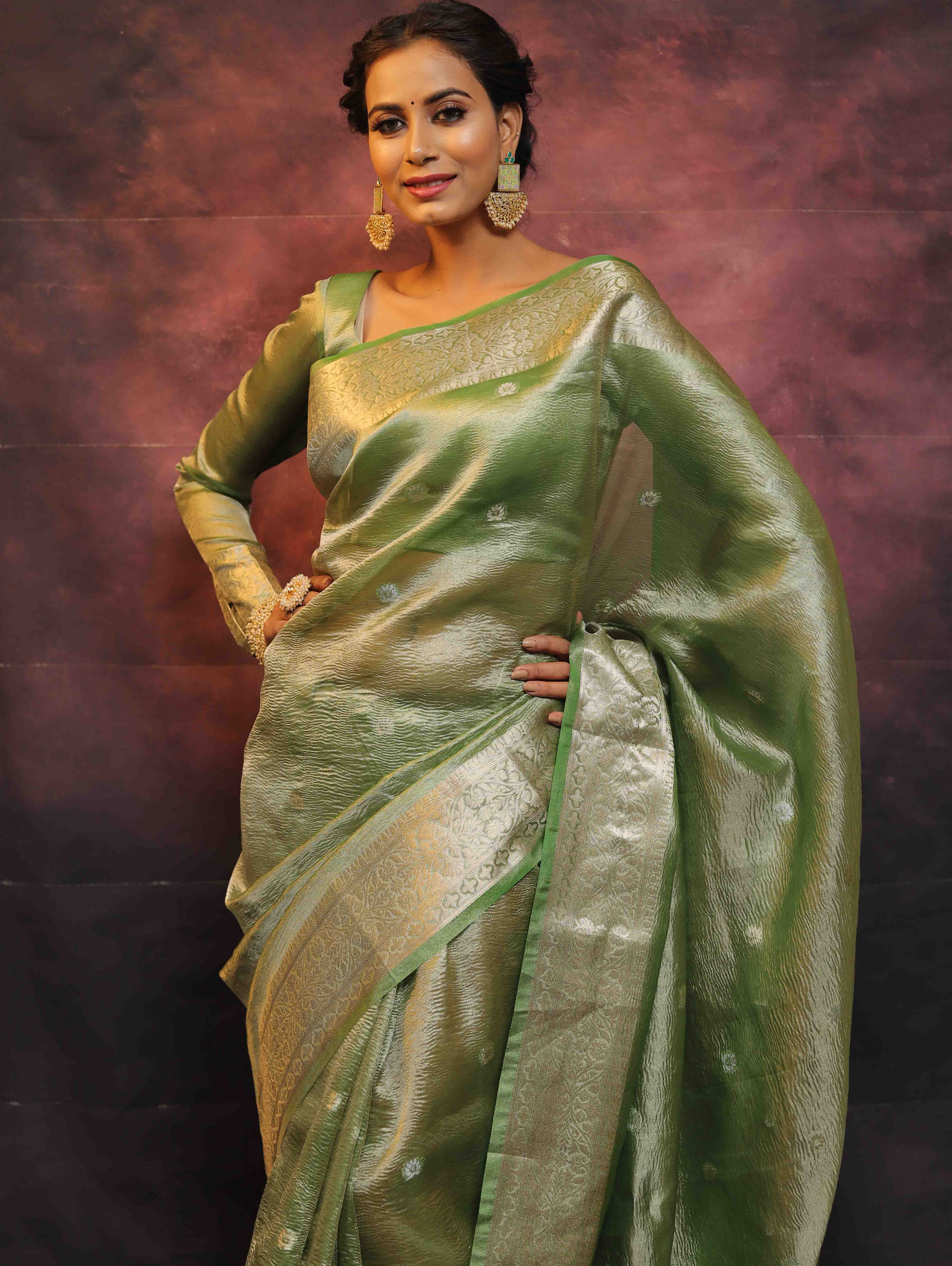 Banarasee Handwoven Silver Buta Crushed Tissue Zari Border Saree-Green
