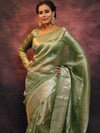 Banarasee Handwoven Silver Buta Crushed Tissue Zari Border Saree-Green