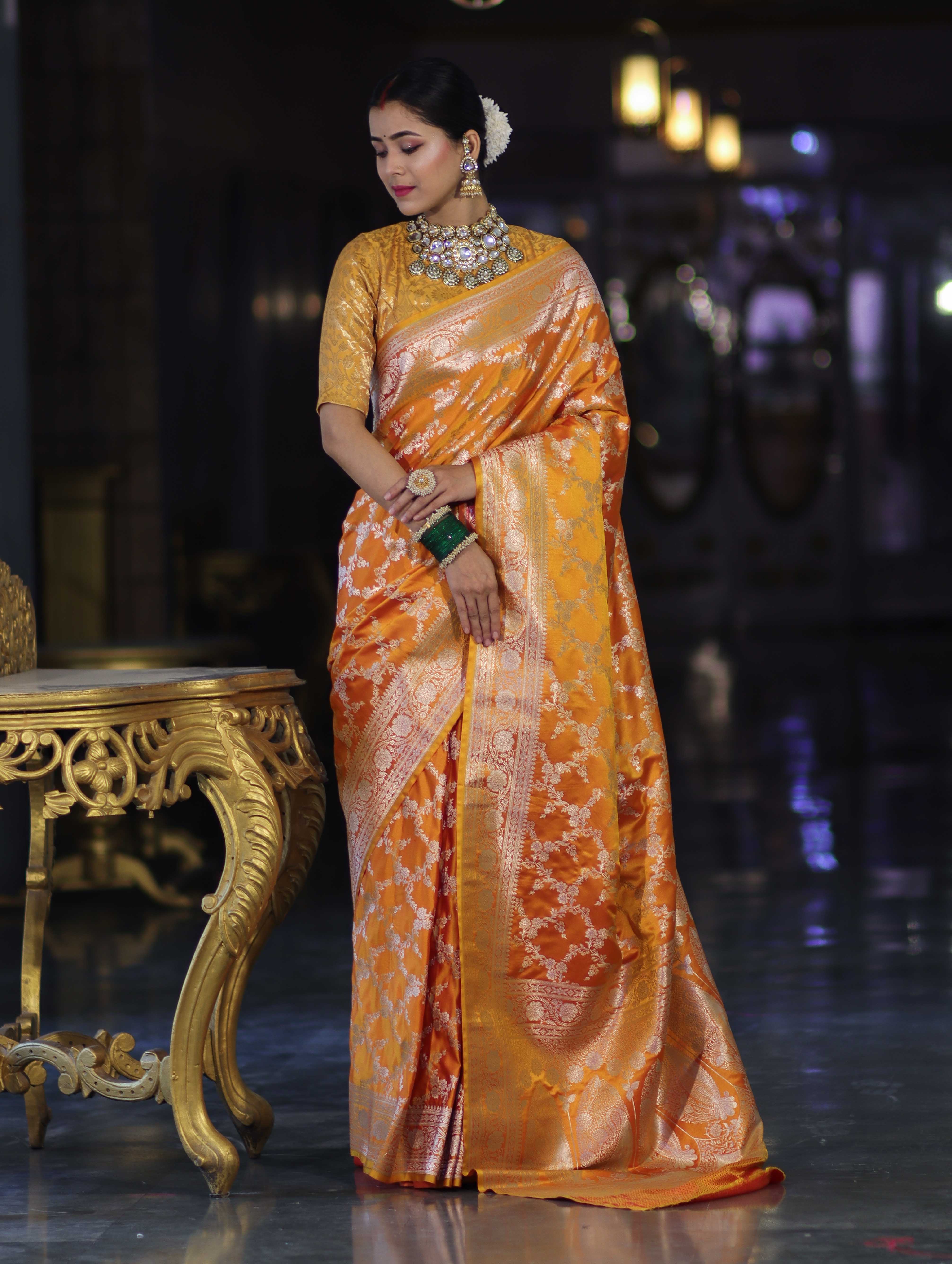 Banarasee Handloom Mashru Silk Saree With Zari Jaal Work & Floral Border-Yellow