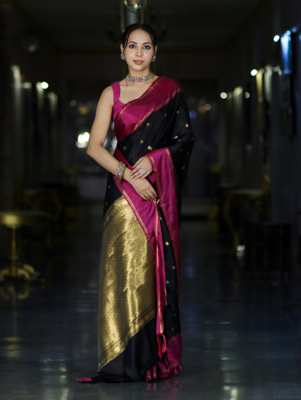 Banarasee Handloom Semi Silk Saree With Buti Design & Contrast Border-Black & Magenta