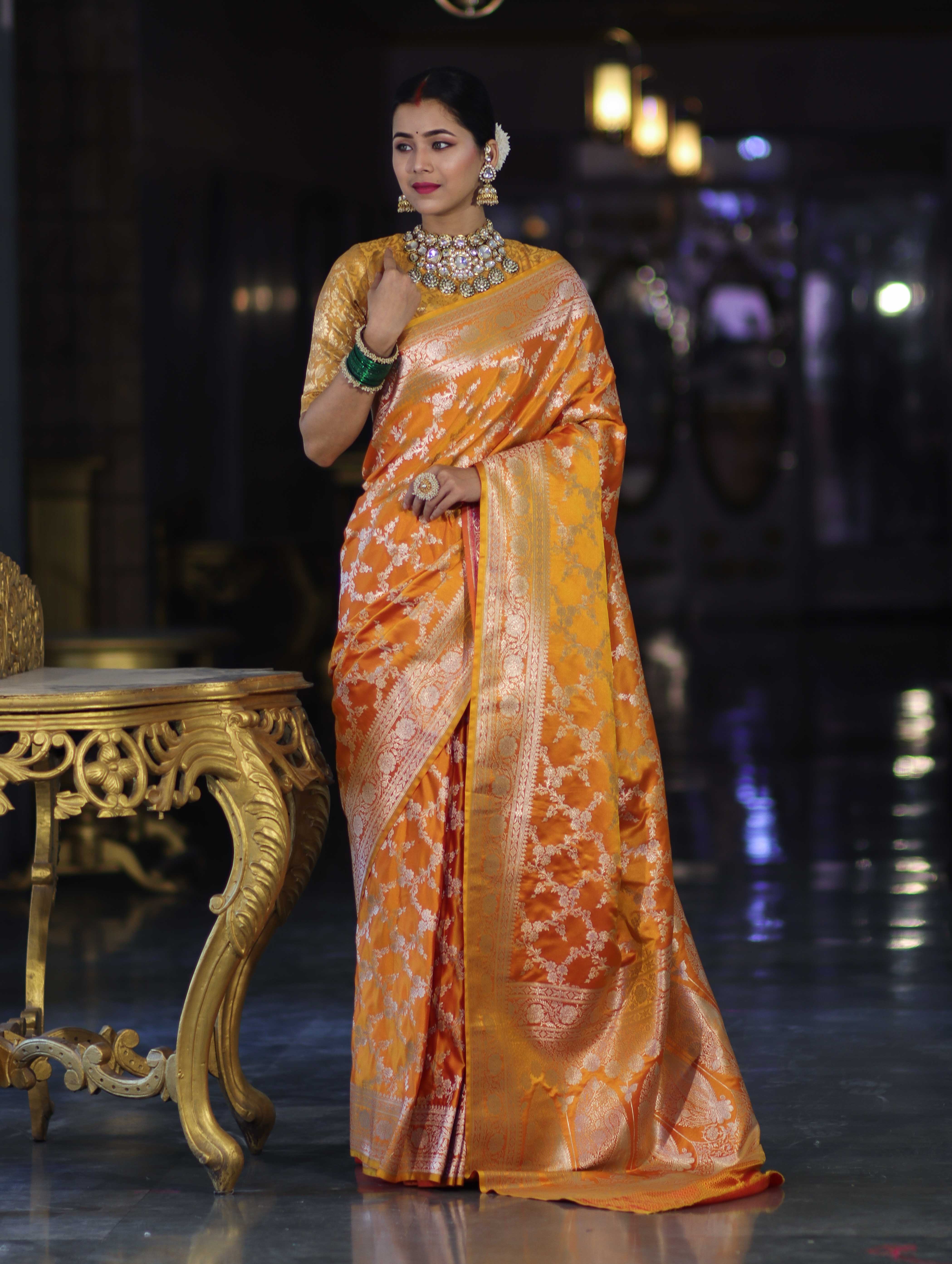 Banarasee Handloom Mashru Silk Saree With Zari Jaal Work & Floral Border-Yellow