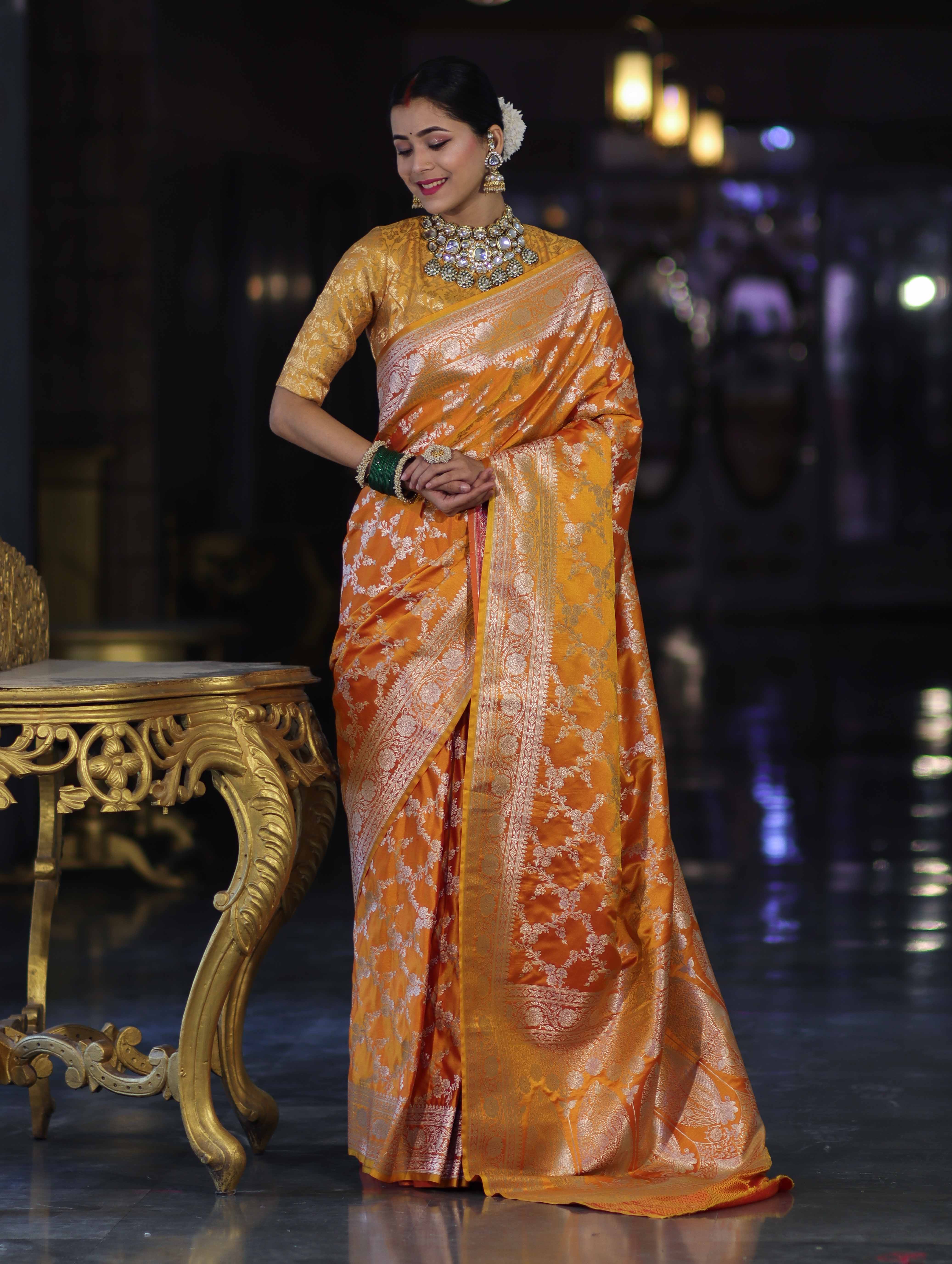 Banarasee Handloom Mashru Silk Saree With Zari Jaal Work & Floral Border-Yellow