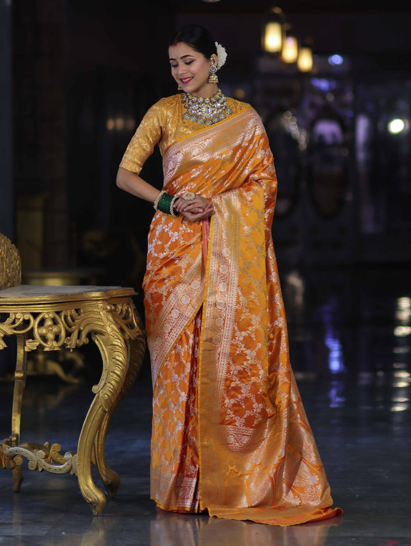 Banarasee Handloom Mashru Silk Saree With Zari Jaal Work & Floral Border-Yellow