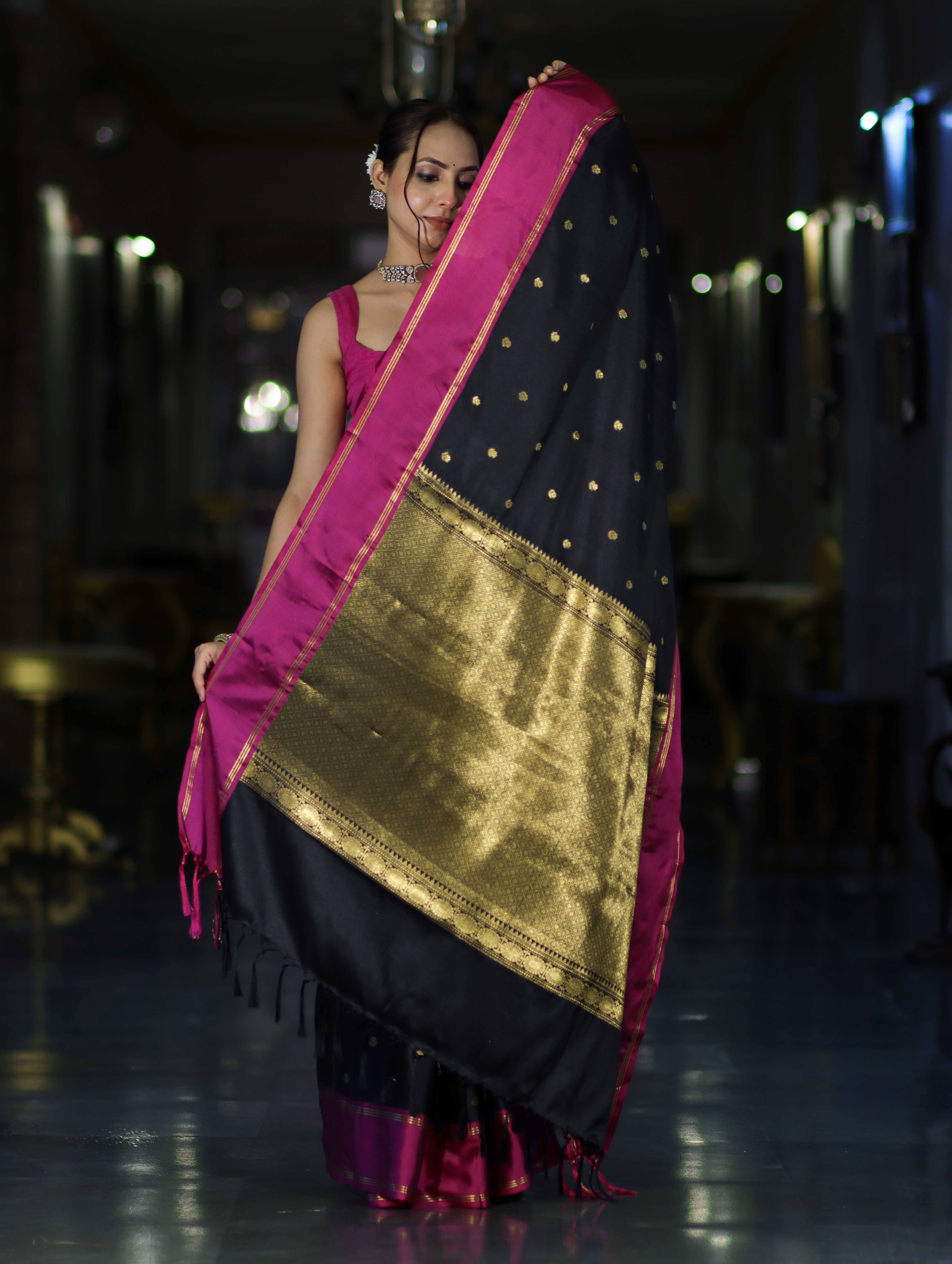 Banarasee Handloom Semi Silk Saree With Buti Design & Contrast Border-Black & Magenta