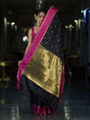 Banarasee Handloom Semi Silk Saree With Buti Design & Contrast Border-Black & Magenta